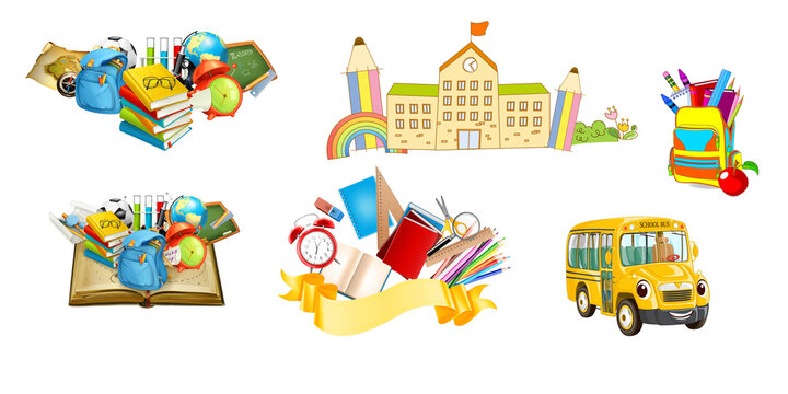 a collection of school icons such as books, bags, buses and other school equipment
