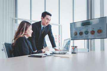 Group of young business people working together in modern office, Business colleague discussing looking and doing video conference on computer