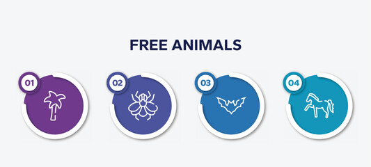 infographic element template with free animals outline icons such as plain palm tree, big fly, plain bat, horse with leg up vector.