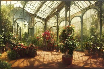 Victorian style botanical garden gloomy greenhouse design - obrazy, fototapety, plakaty