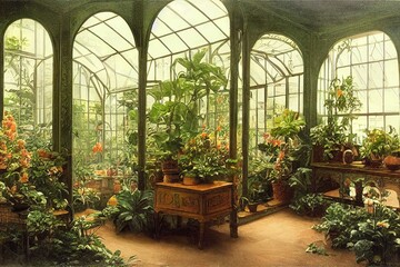 Victorian style botanical garden greenhouse design - obrazy, fototapety, plakaty
