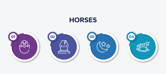 infographic element template with horses outline icons such as bird in broken egg, tombstone, moon and stars, rocker horse vector.