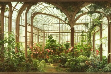 Victorian style sunny botanical garden design - obrazy, fototapety, plakaty