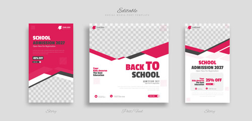 set of School education admission social media post and story web banner template. with red, black and white background vector illustration