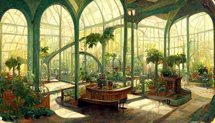 Victorian style botanical garden with glass roof and benches design - obrazy, fototapety, plakaty