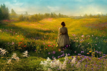 beautiful young woman wild landscape field with colorful flowers mountain on horizon blue cloudy sky summer pastel colors sunlight impressionism art style