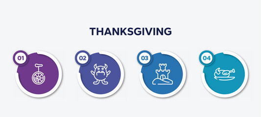 infographic element template with thanksgiving outline icons such as unicycle, monster, sand castle, turkey vector.