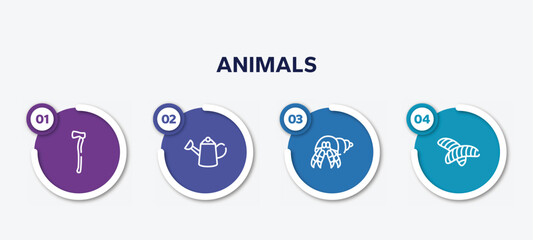 infographic element template with animals outline icons such as axe, watering can, hermit crab, null vector.