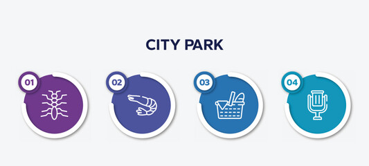 infographic element template with city park outline icons such as tree lobster, prawn, picnic, trash can vector.