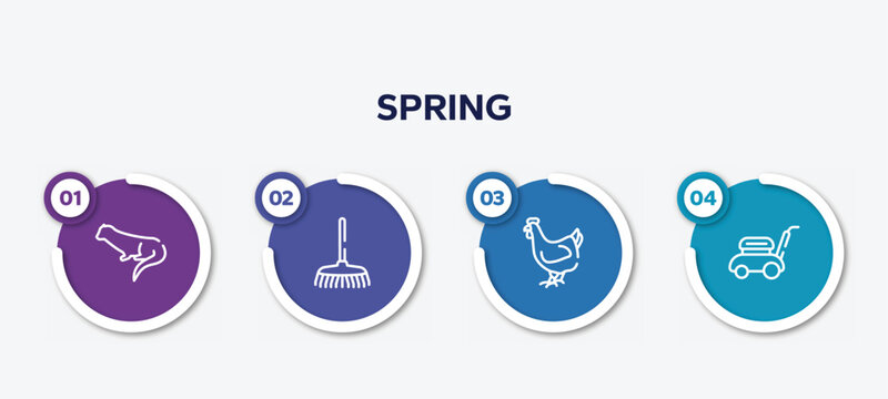 infographic element template with spring outline icons such as otter, rake, hen, lawn mower vector.