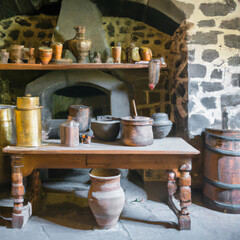 Medieval old castle kitchen black cuisine pots copper ware illustration painting