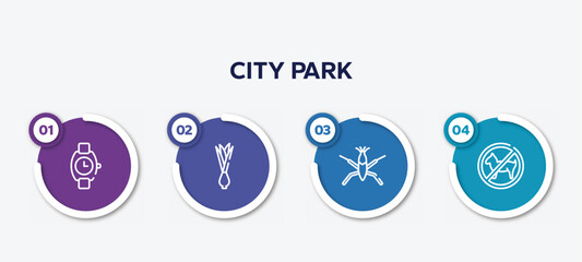 infographic element template with city park outline icons such as wristwatch, onion, pond skater, forbidden vector.