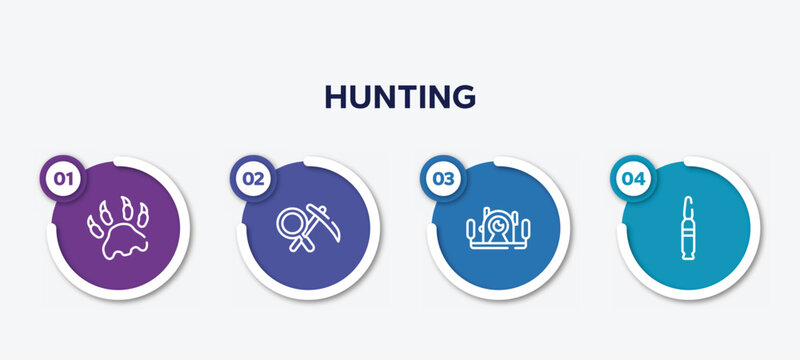 infographic element template with hunting outline icons such as paw print, geology, underwater photography, bullets vector.