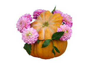 autumn floral bouquet in a pumpkin vase for Halloween isolated on white background