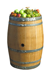 Old wooden vintage barrel with fruits on top isolated on white background