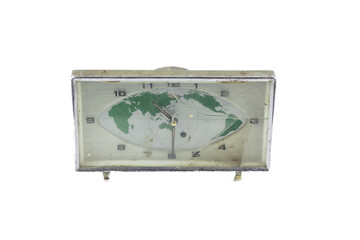 closeup old clock isolated at white background the clock is there world map inside