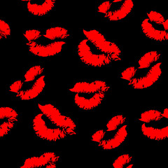 Red lip on black background. Lips print seamless pattern. Lipstick Kiss