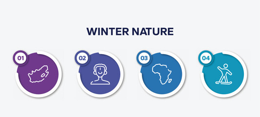 infographic element template with winter nature outline icons such as south africa, african man, africa, snowboard vector.