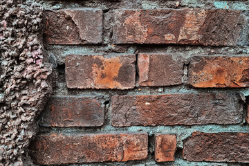 Texture of old red brick wall close-up.