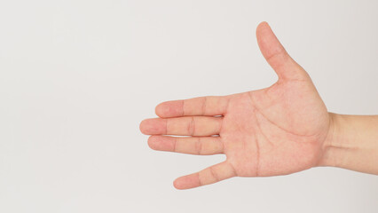 Soh hand sign (pitch) on white background .The sign of tone in key