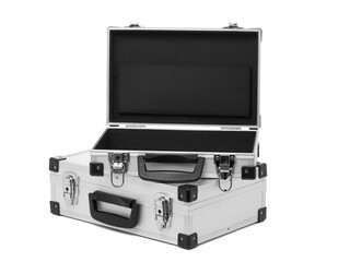 Set of metal suitcases of different sizes isolated on white background.