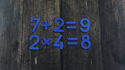 Task in mathematics. Mathematics problem for children. Simple algebra examples using numbers and...
