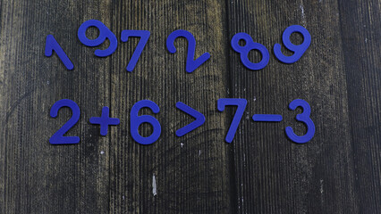 Task in mathematics. Mathematics problem for children. Simple algebra examples using numbers and...
