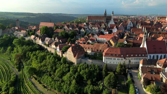 Aerial view beautiful old German town in Bavaria in summer sun