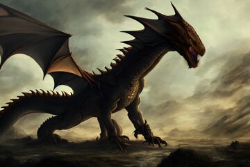 A big dragon looking for enemies, digital art style, illustration