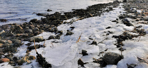 Ice flakes on the stones by a Danish coastline or beach in winter season