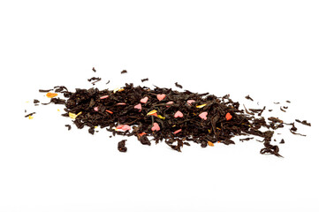 A pile of dried black tea leaves with hearts on an isolated white background