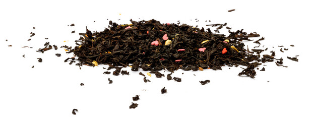 A pile of dried black tea leaves with hearts on an isolated white background
