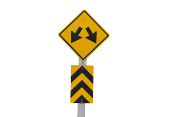 Yellow traffic sign with symbol of two arrows  for the two ways, isolated on white background. Concept: Warning traffic sign for transportation.                  