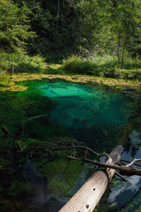 Saula cold pure fresh water blue spring, Estonia, Europe. Beautiful natural wonder in the woods by the hiking trail. Believed to be ancient offering site. Natural wonder. Siniallikad.