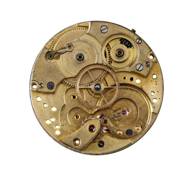 Detail of the clockwork mechanism on transparent background