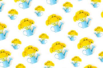 Bouquet of yellow dandelions flowers in blue watering can isolated on white background. Top view Creative Flat lay Minimal style