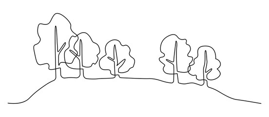 Landscape park with path and trees. Continuous line drawing illustration.