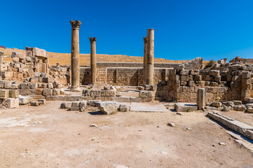 A view into the ruins of Saint George Church in the ancient Roman settlement of Gerasa in Jerash, Jordan in summertime