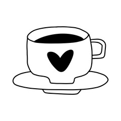 Vector illustration of a coffee cup with coffee drawn with a black line in the style of doodles