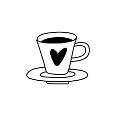 Vector illustration of a coffee cup with coffee drawn with a black line in the style of doodles