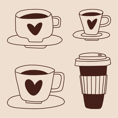 Vector collection of coffee cups with coffee, drawn with a black line in the style of doodles