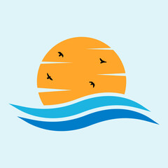Abstract orange sunset sun over water. Sunrise with blue sea waves and birds. Summer landscape. Retro sunset vector illustration. 