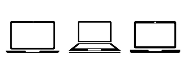 Set of laptop vector icons on white background. Black silhouette with blank laptop. Vector 10 EPS.