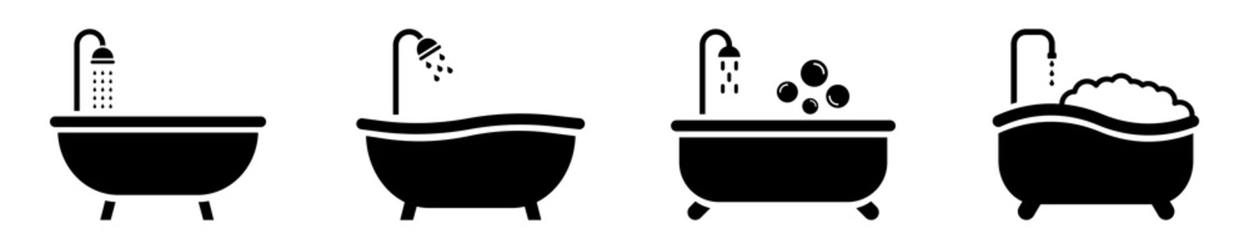 Set Of Bathtub Vector Icons. Bath With Bubble And Foam. Bathroom Pictogram. 