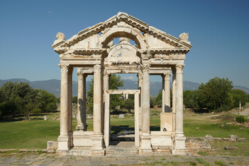 Fototapeta na wymiar Monumental Gateway, Tetrapylon in Aphrodisias Ancient City in Aydin, Turkiye