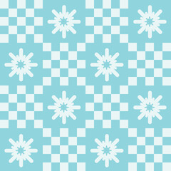 Cute y2k patchwork Christmas seamless pattern background with snowflake icon, monochrome blue checkerboard backdrop. Modern, trendy vector design, aesthetic retro vibe print for textile, wallpaper - obrazy, fototapety, plakaty