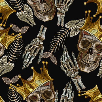 Embroidery Golden Crown, Skull, Fish Bone And Skeleton Hands. Dark Gothic Romanntic Seamless Pattern. Medieval Clothes Template. Fairy Tale Background