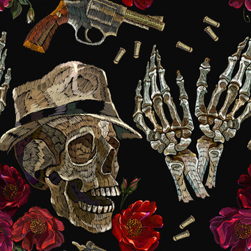 Dead noir detective in hat, skull, skeleton hands and red roses. Romantic gothic background. Seamless pattern. Embroidery art. Template for clothes, textiles, t-shirt design