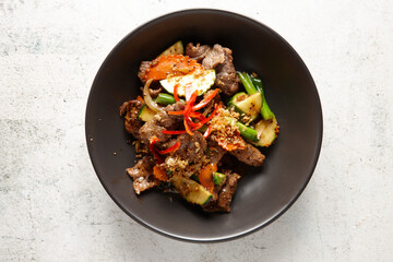 Beef stir fry on table