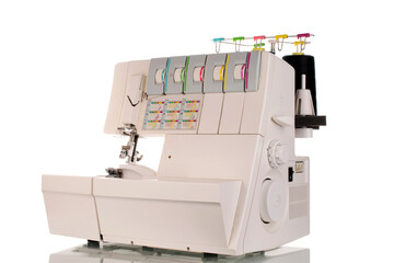 One electric sewing overlock, macro, isolated on white background.